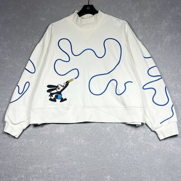 Disney Oswald The Lucky Rabbit Sweatshirt Womens 1X Ivory Crop Embroidered - Picture 1 of 14